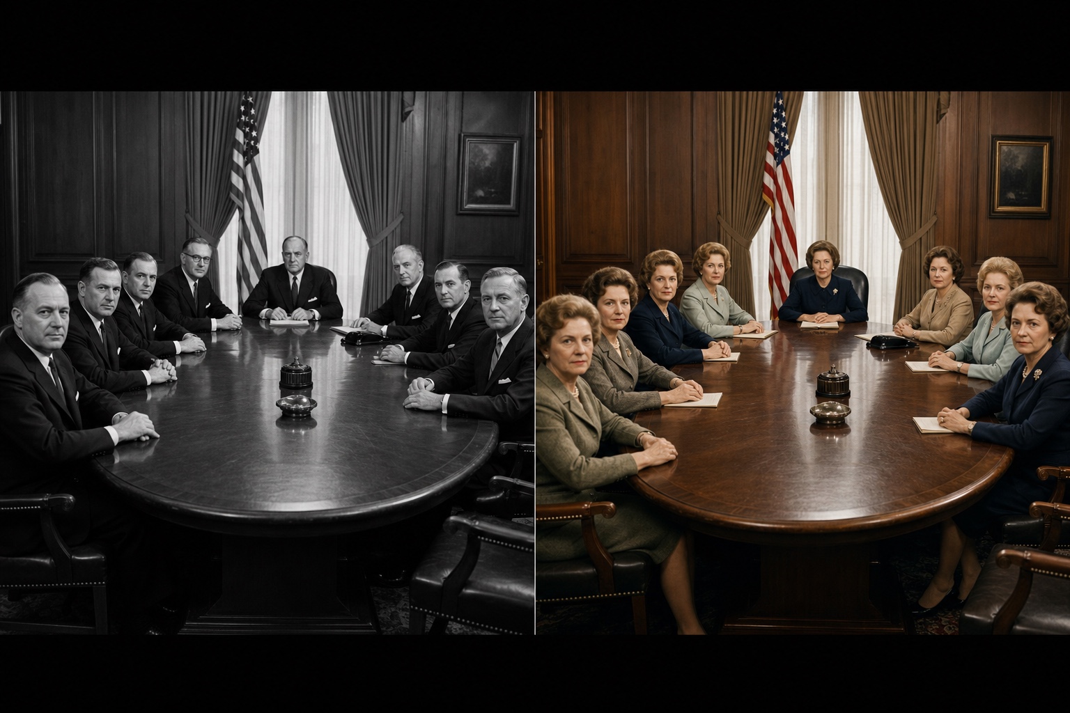 Split composition: historical all-male power photo on left, AI gender-reversed counterpart on right